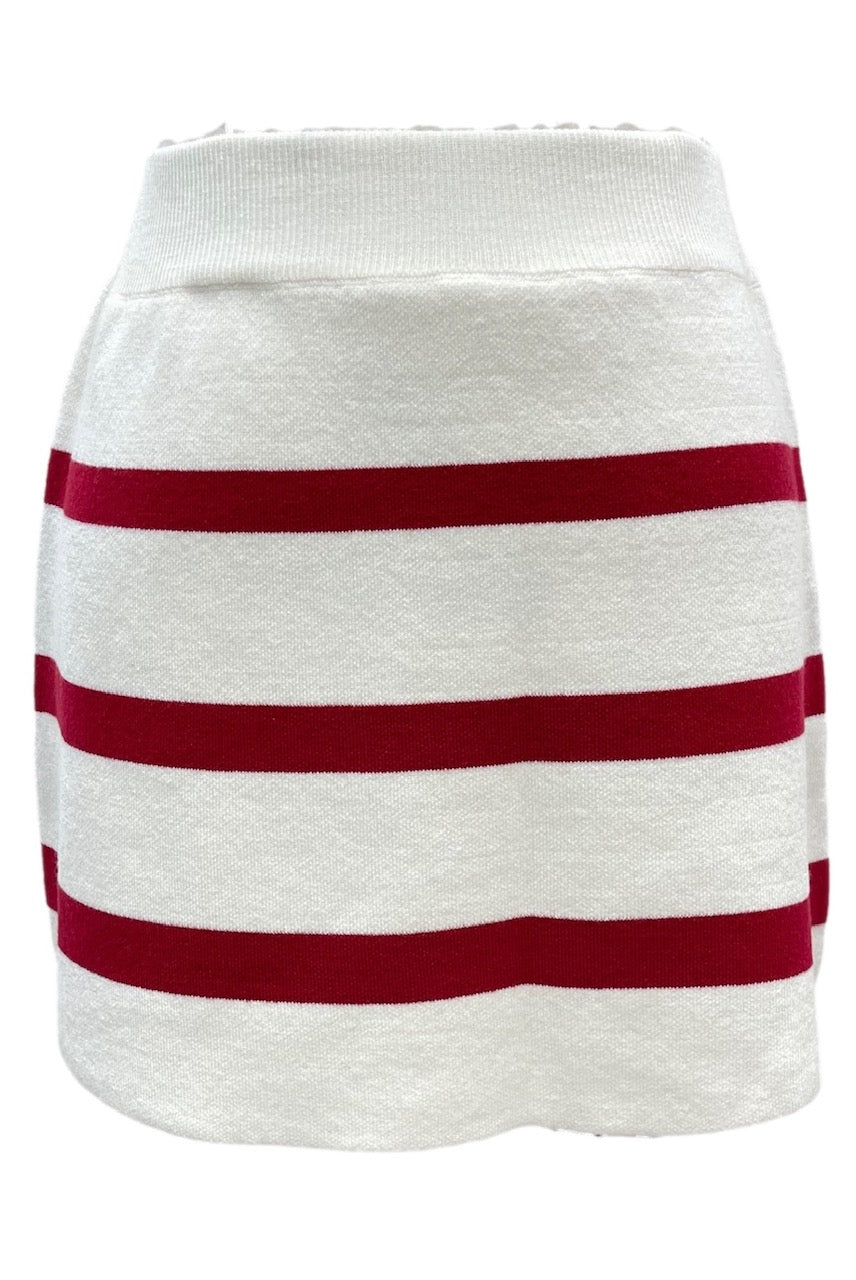 Front product view of short white Queen of Sparkles sweater skirt with crimson horizontal stripes and wide waistband