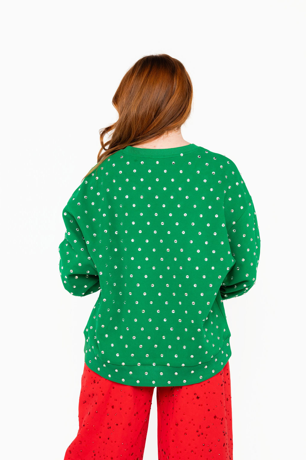 Back view of Queen of Sparkles licensed Elf Buddy candy spaghetti rhinestone sweatshirt
