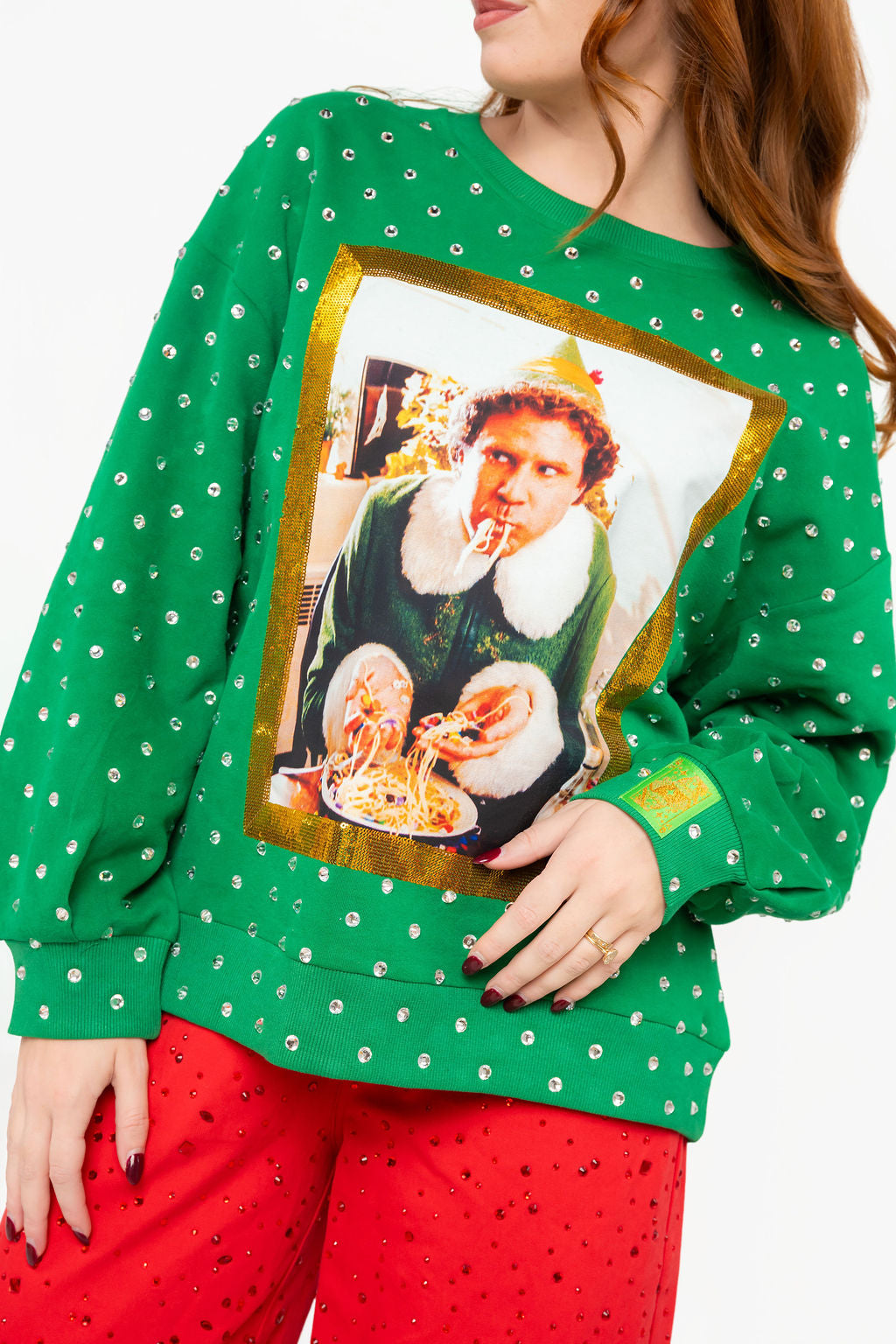 Queen of Sparkles licensed Elf Buddy candy spaghetti rhinestone sweatshirt front view