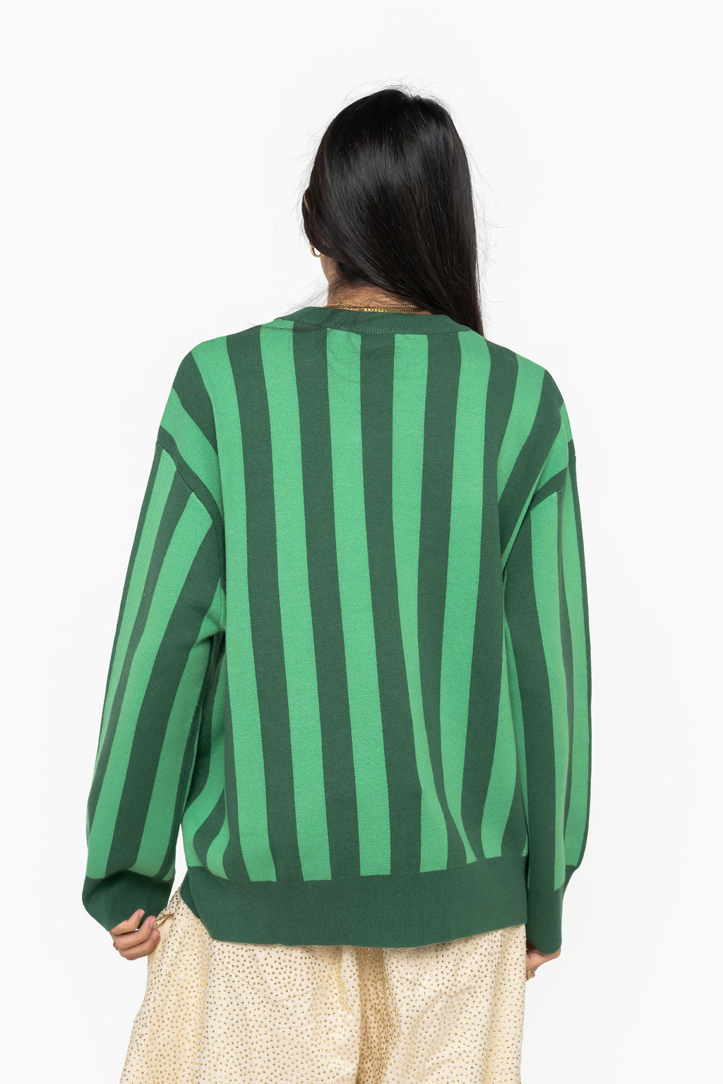 Back view of Queen of Sparkles green striped Elf Cotton Headed Ninny Muggins sweater