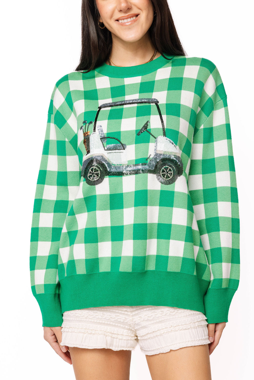 Queen of Sparkles Green & White Checkered Golf Cart Sweatshirt - Leopard Grove product image 02