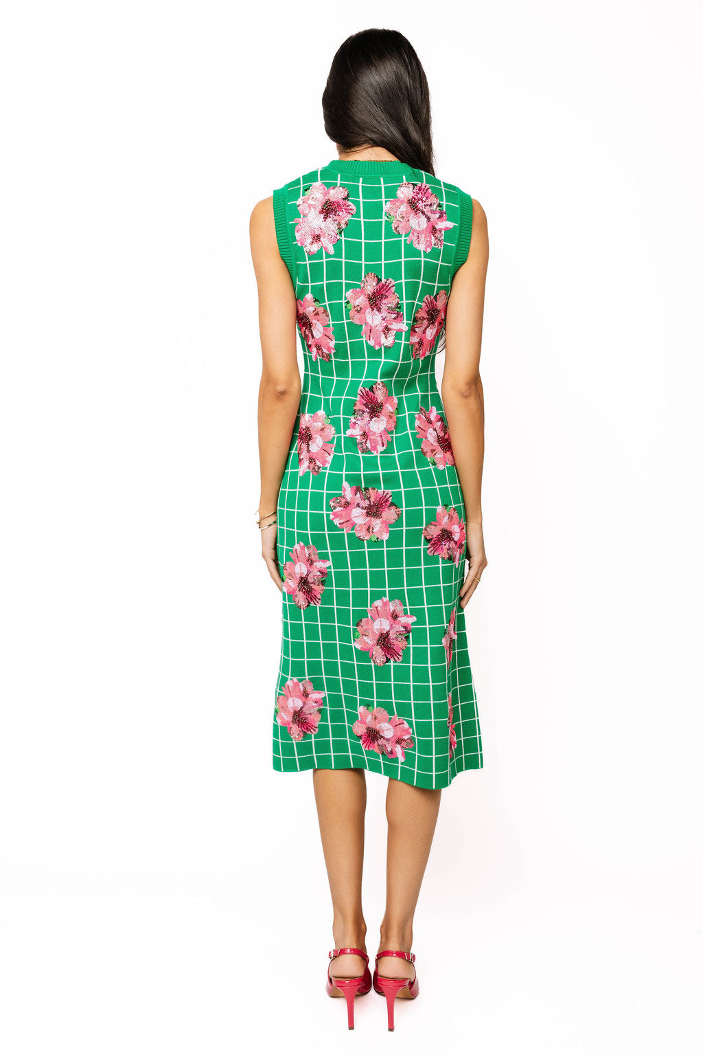 Queen of Sparkles Green & White Checkered Pink Azela Knit Midi Dress - Leopard Grove product image 01