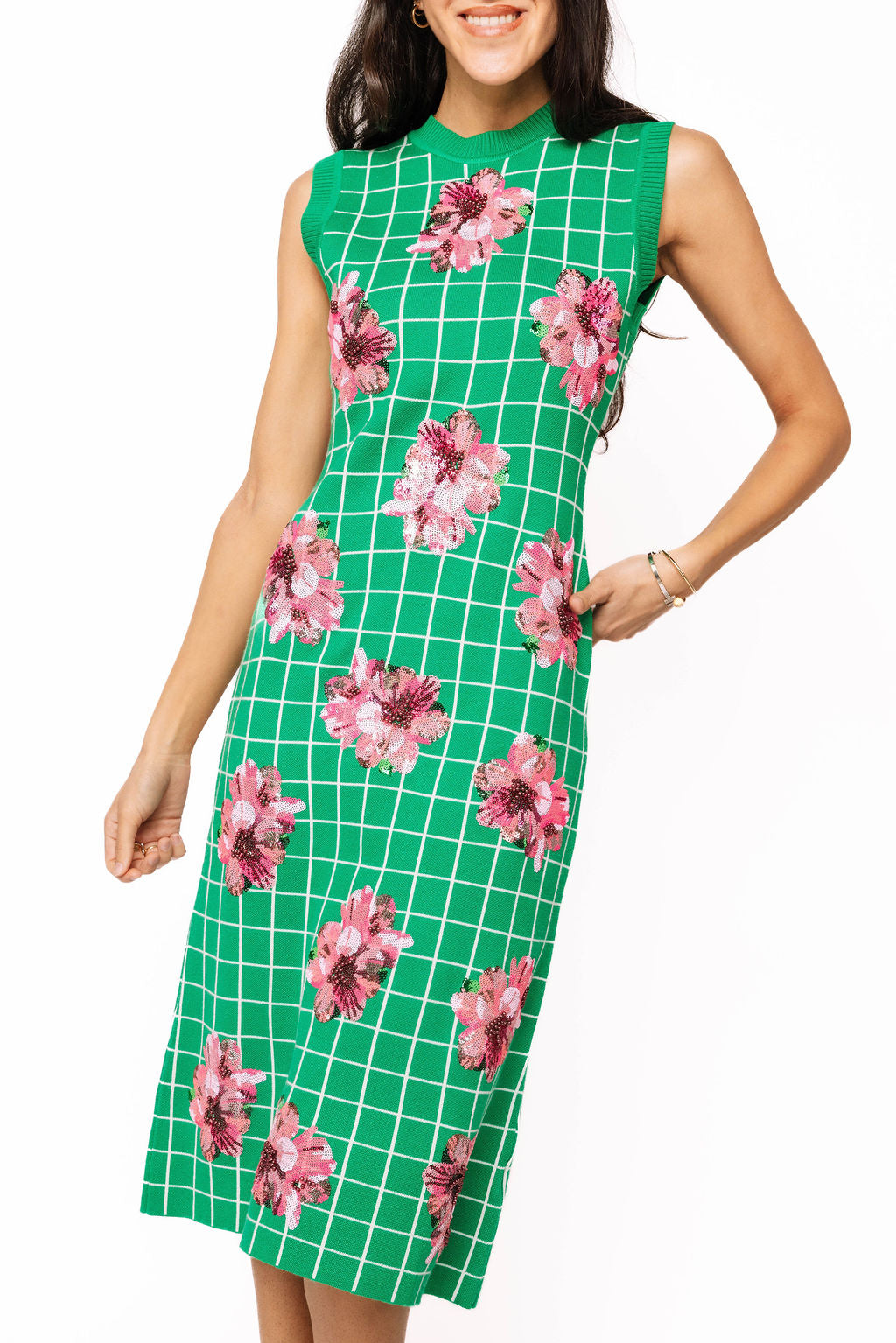 Queen of Sparkles Green & White Checkered Pink Azela Knit Midi Dress - Leopard Grove product image 02