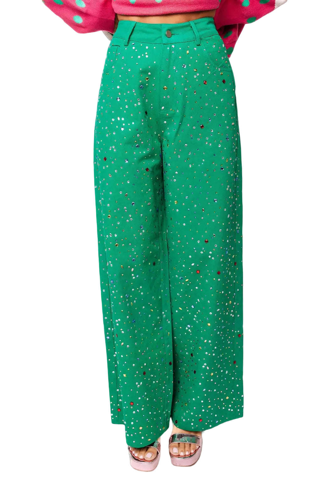 Queen of Sparkles Green Multi Rhinestone Jeans with multicolored rhinestone embellishments