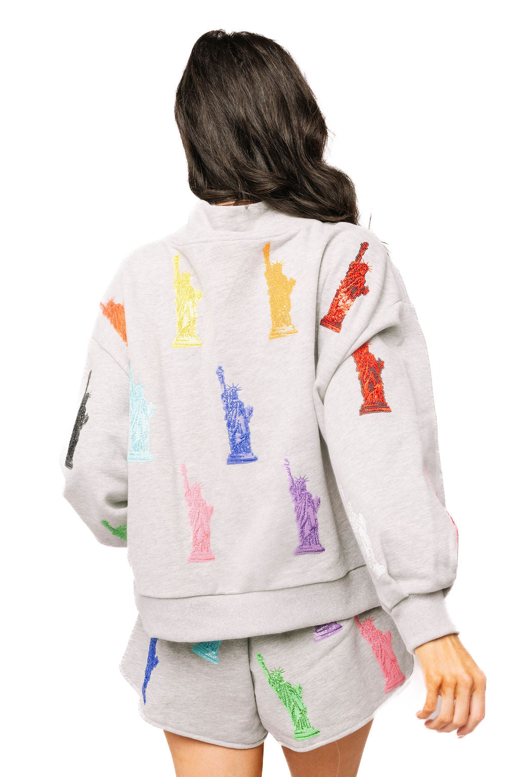 Queen of Sparkles Grey Statue of Liberty Mock Neck Sweatshirt - patriotic sequin sweatshirt product image 01