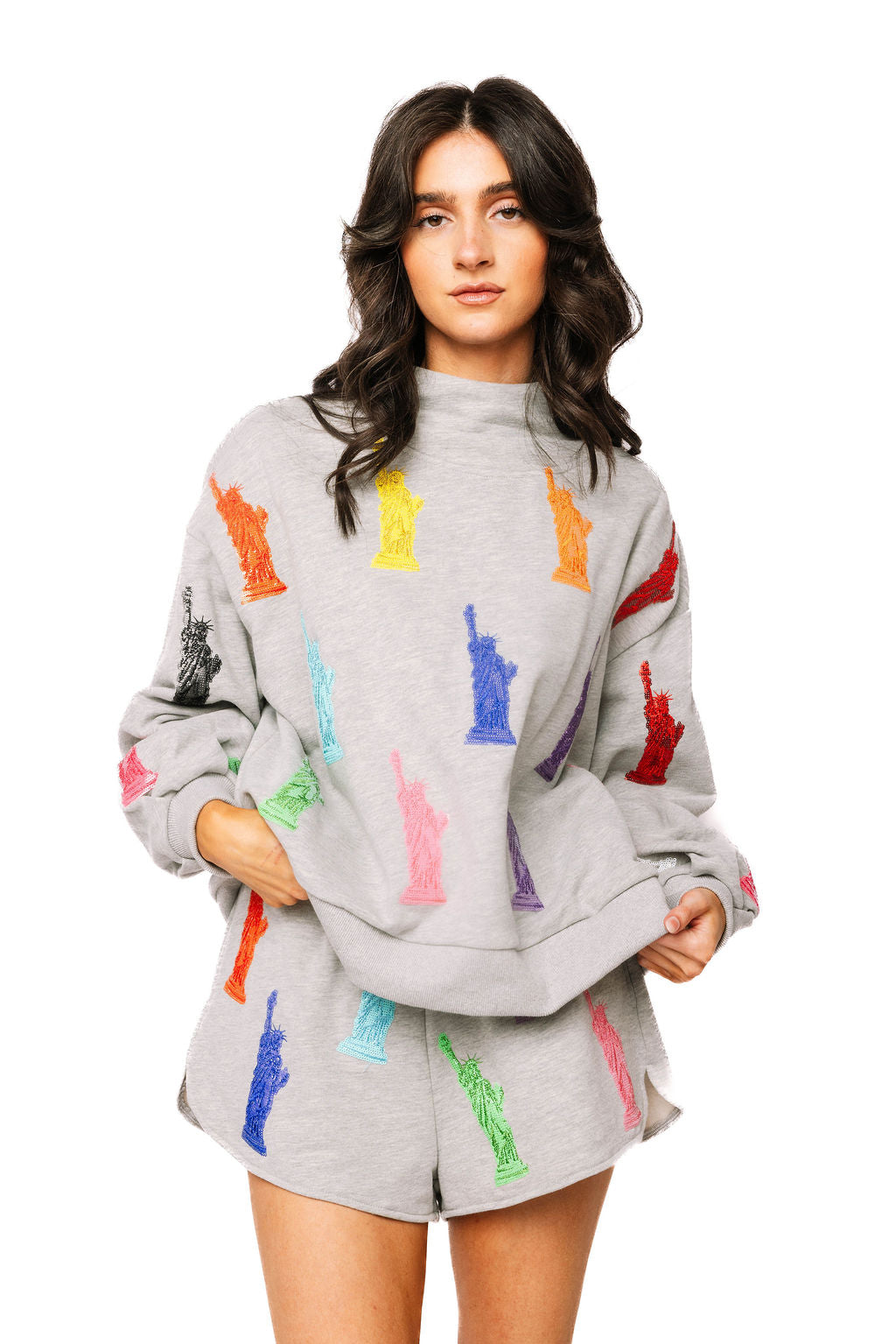 Queen of Sparkles Grey Statue of Liberty Mock Neck Sweatshirt - patriotic sequin sweatshirt product image 02