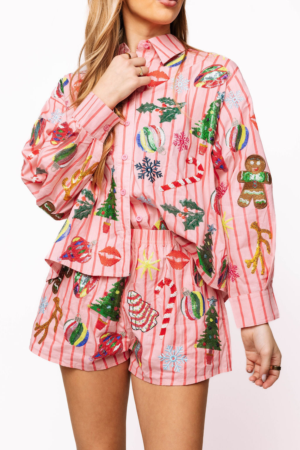 Queen of Sparkles light pink and red stripe Christmas icons cotton pants product image 1.