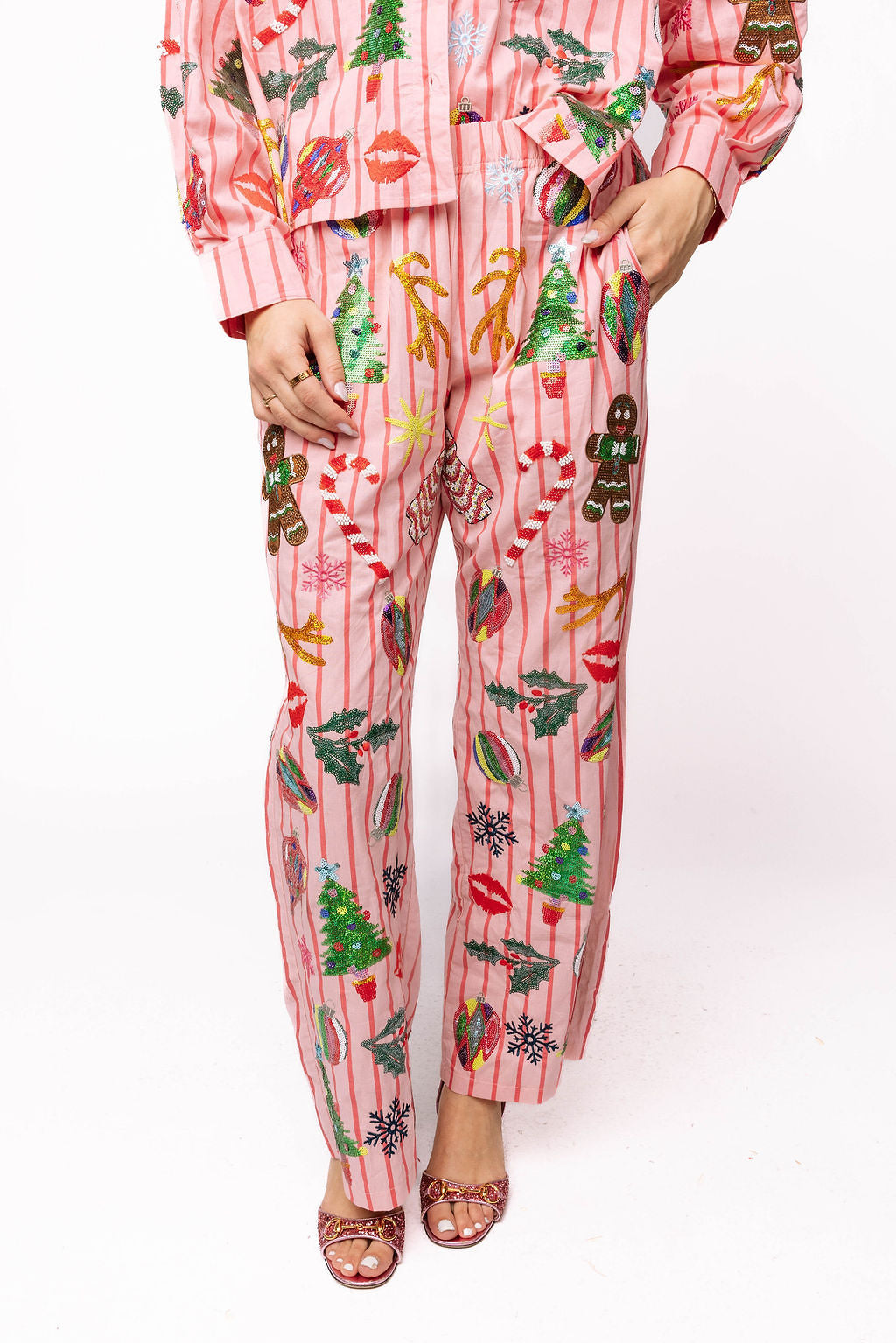 Queen of Sparkles light pink and red stripe Christmas icons cotton pants product image 2.