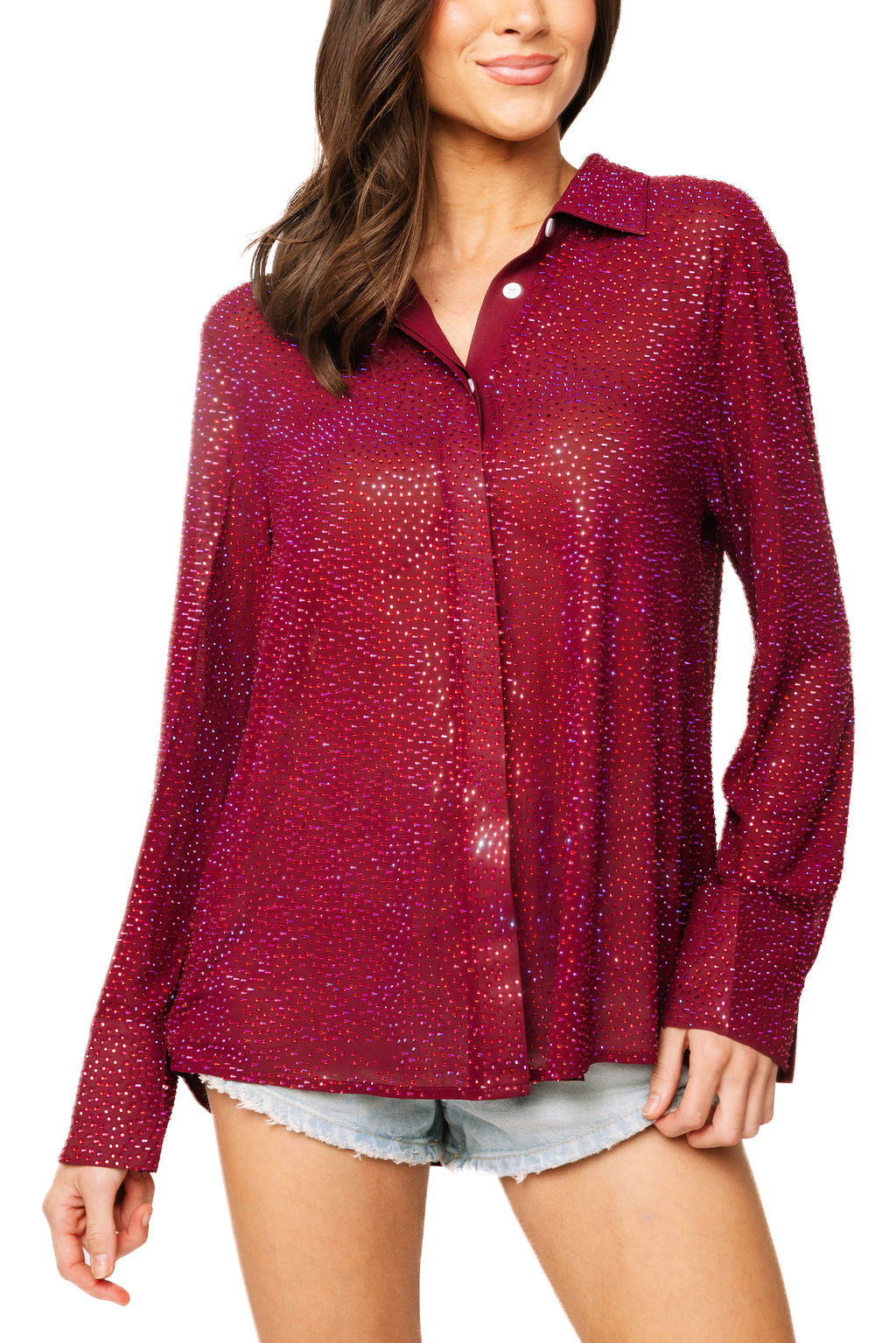 Queen of Sparkles Maroon Rhinestone Button Up Top - Leopard Grove product image 01