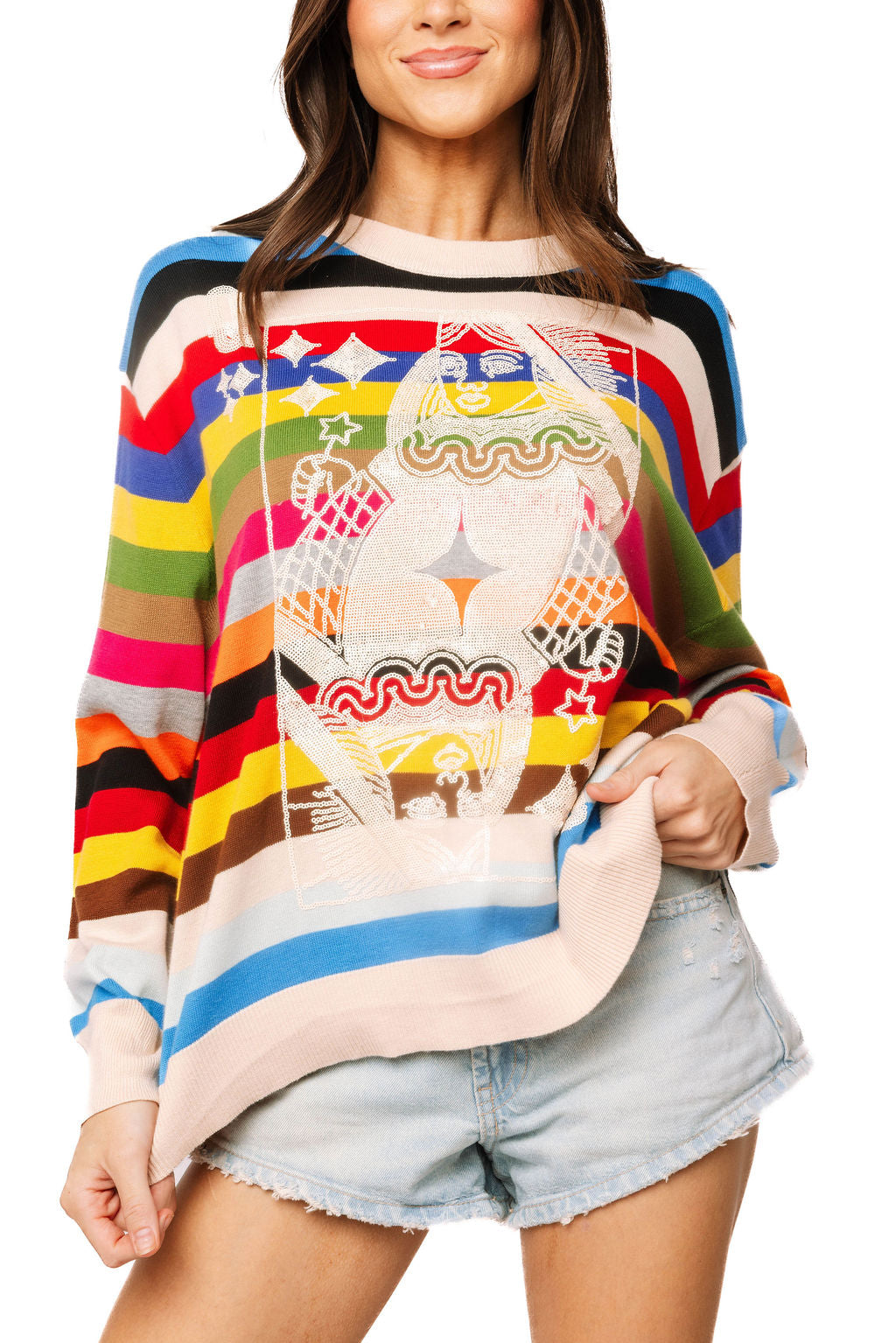 Queen of Sparkles Multi Striped QOS Card Logo Sweater - Leopard Grove product image 01