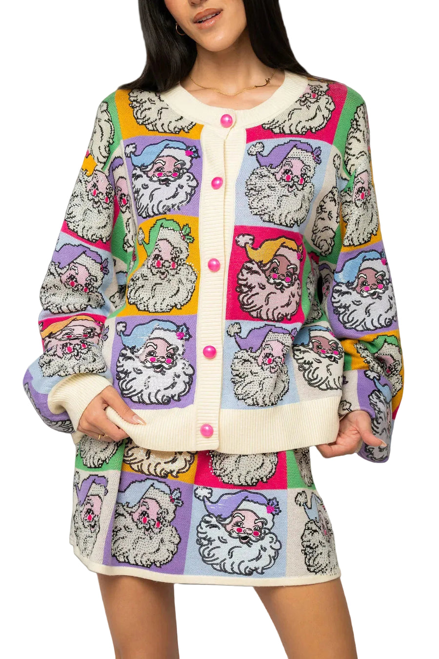 Queen of Sparkles Pastel Colorblock Santa Button Up Cardigan