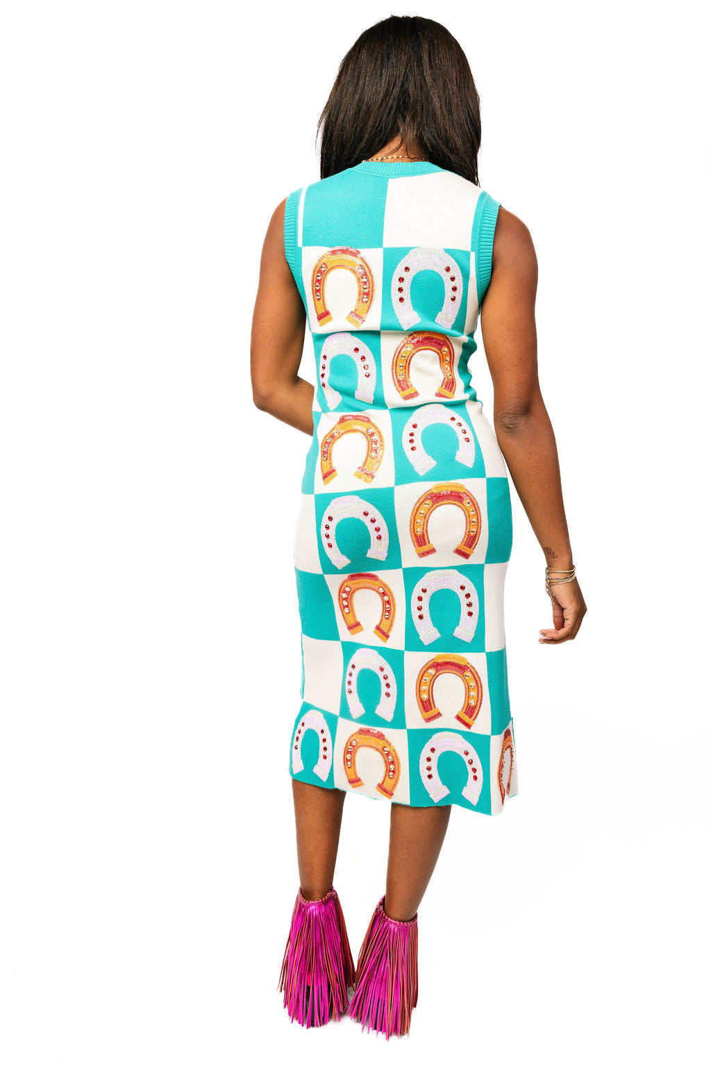 Queen of Sparkles Teal Checkered Horseshoe Knit Maxi Dress - Leopard Grove product image 02