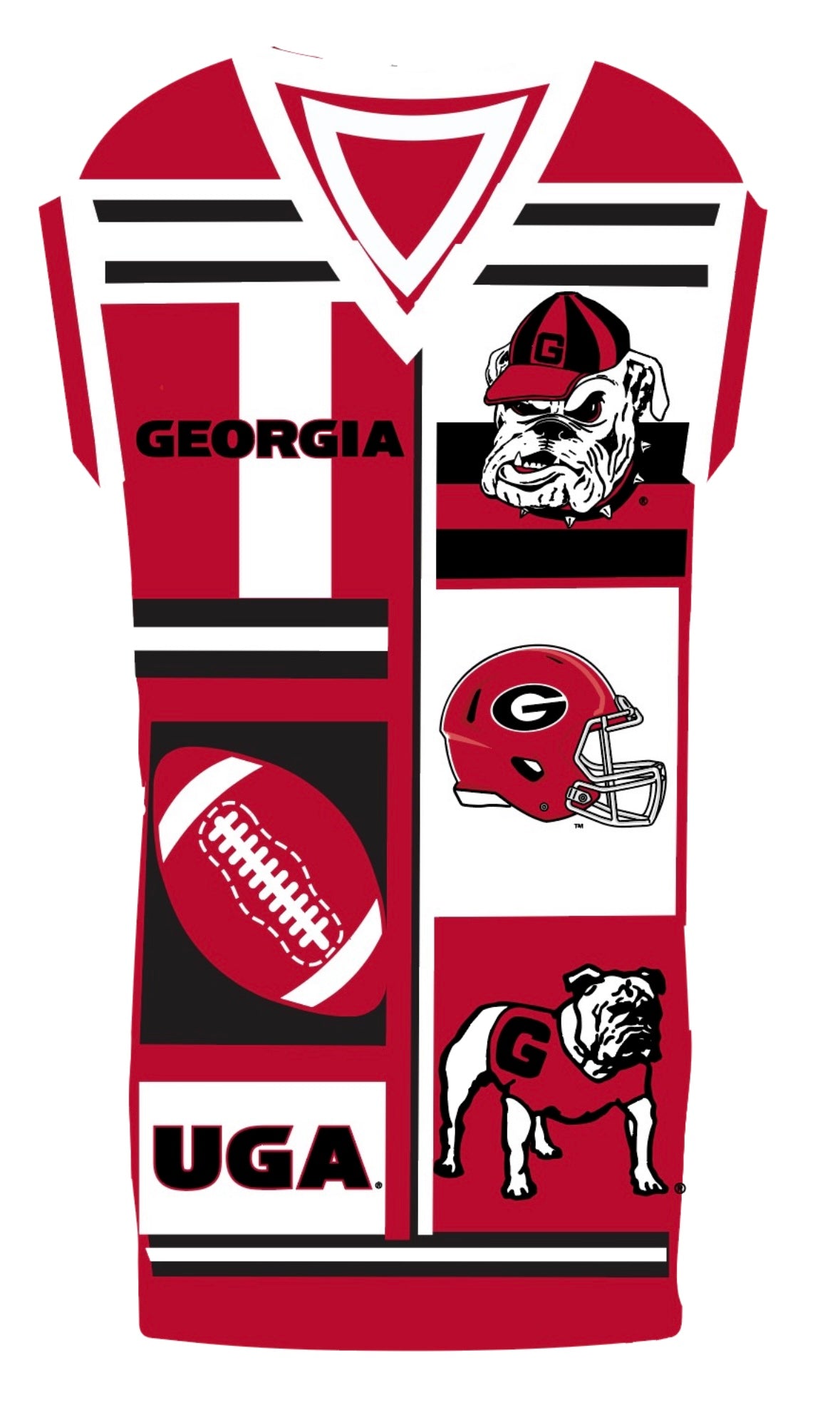 Front artwork of the UGA sweater tank dress with Georgia lettering, a Bulldog, football, and helmet graphics.