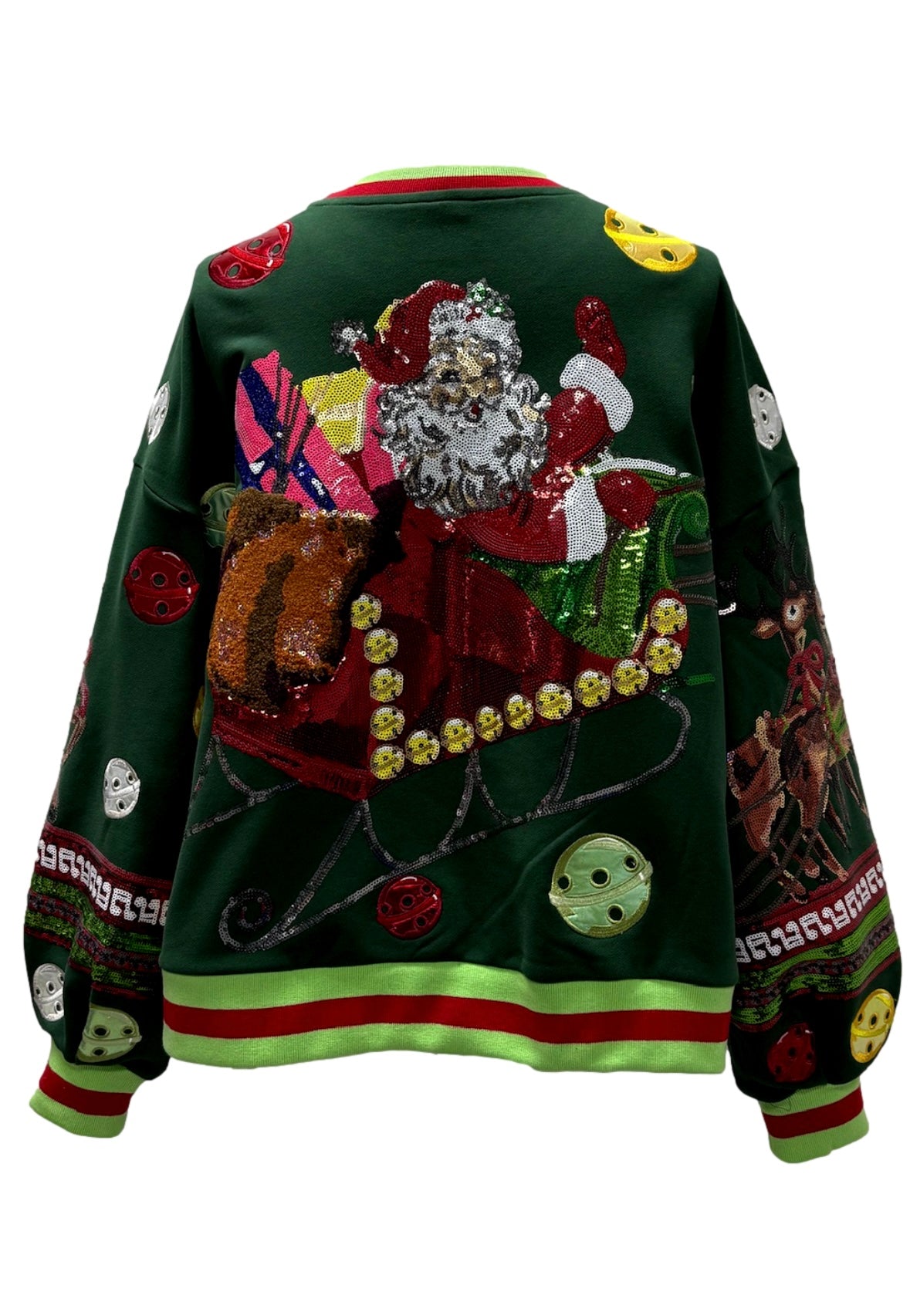 Back view of the deep green Queen of Sparkles sweatshirt with a large sequined Santa and sleigh graphic, scattered holiday icons, and red-and-lime trim.