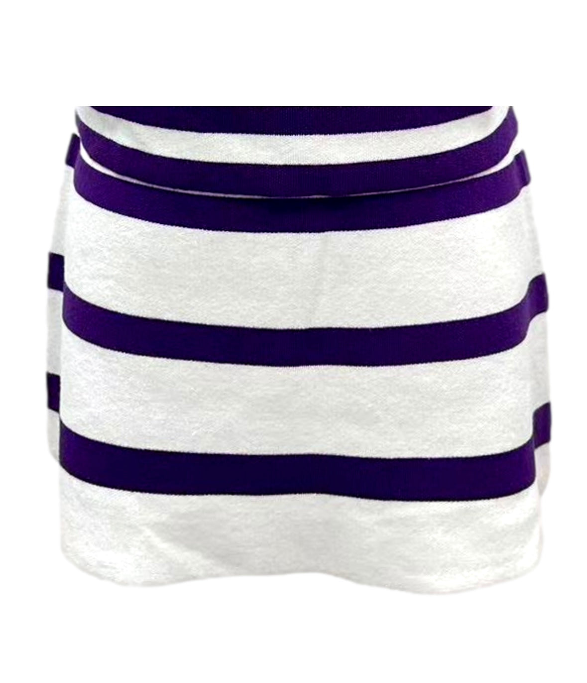 Front product view of short white Queen of Sparkles sweater skirt with wide purple waistband and horizontal purple stripes