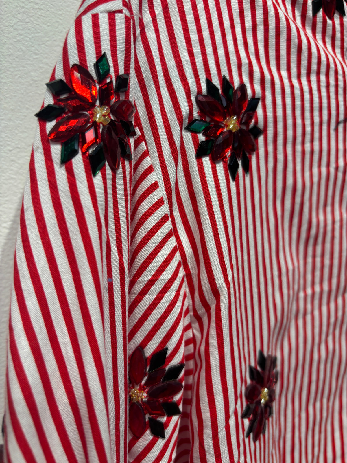 Queen of Sparkles white striped scattered jeweled poinsettia button up product image 1.