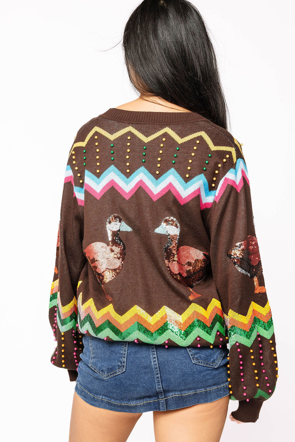 Back view of a model wearing the brown Queen of Sparkles duck cardigan, with duck motifs and multicolored zigzag bands with dotted embellishments across the back and sleeves.