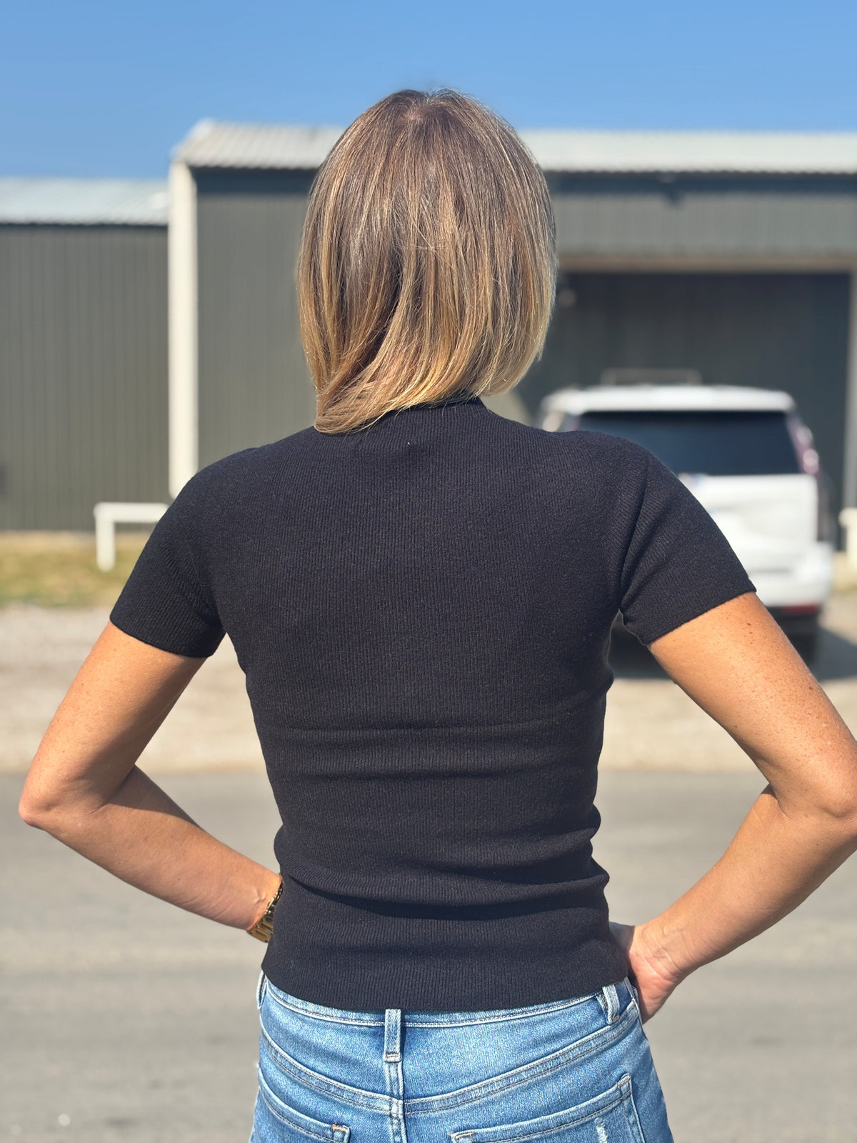 Short sleeve soft knit sweater top in black by Skies Are Blue product image 2.