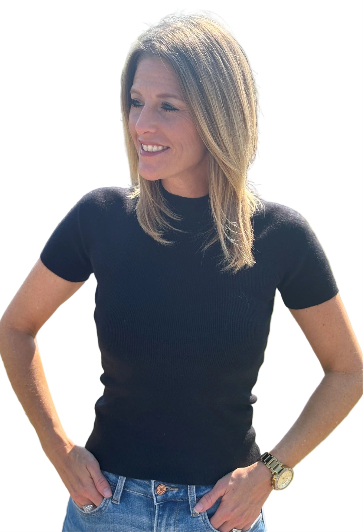 Short sleeve soft knit sweater top in black by Skies Are Blue product image 4.