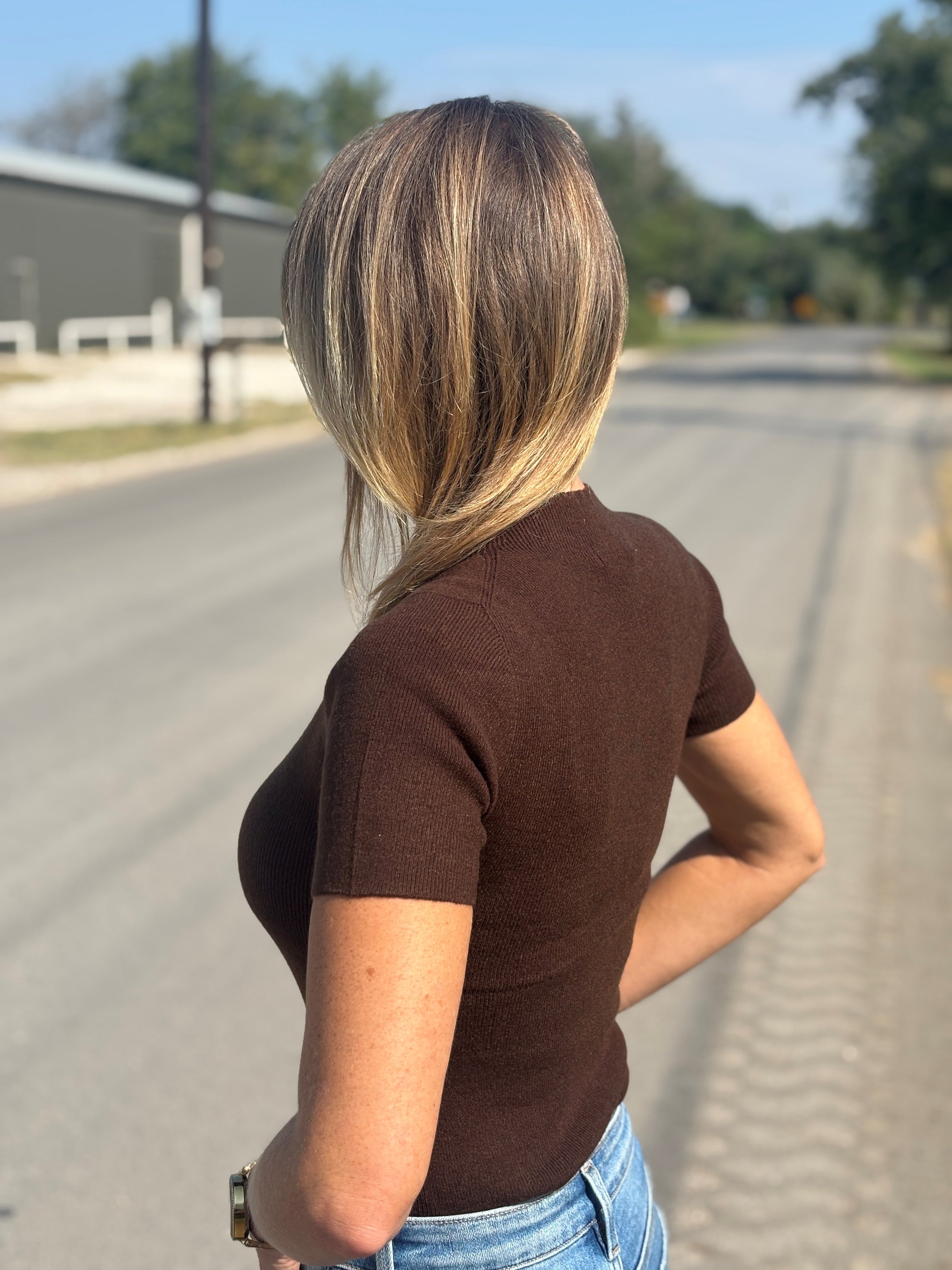 Short sleeve soft knit sweater top in chocolate by Skies Are Blue product image 1.