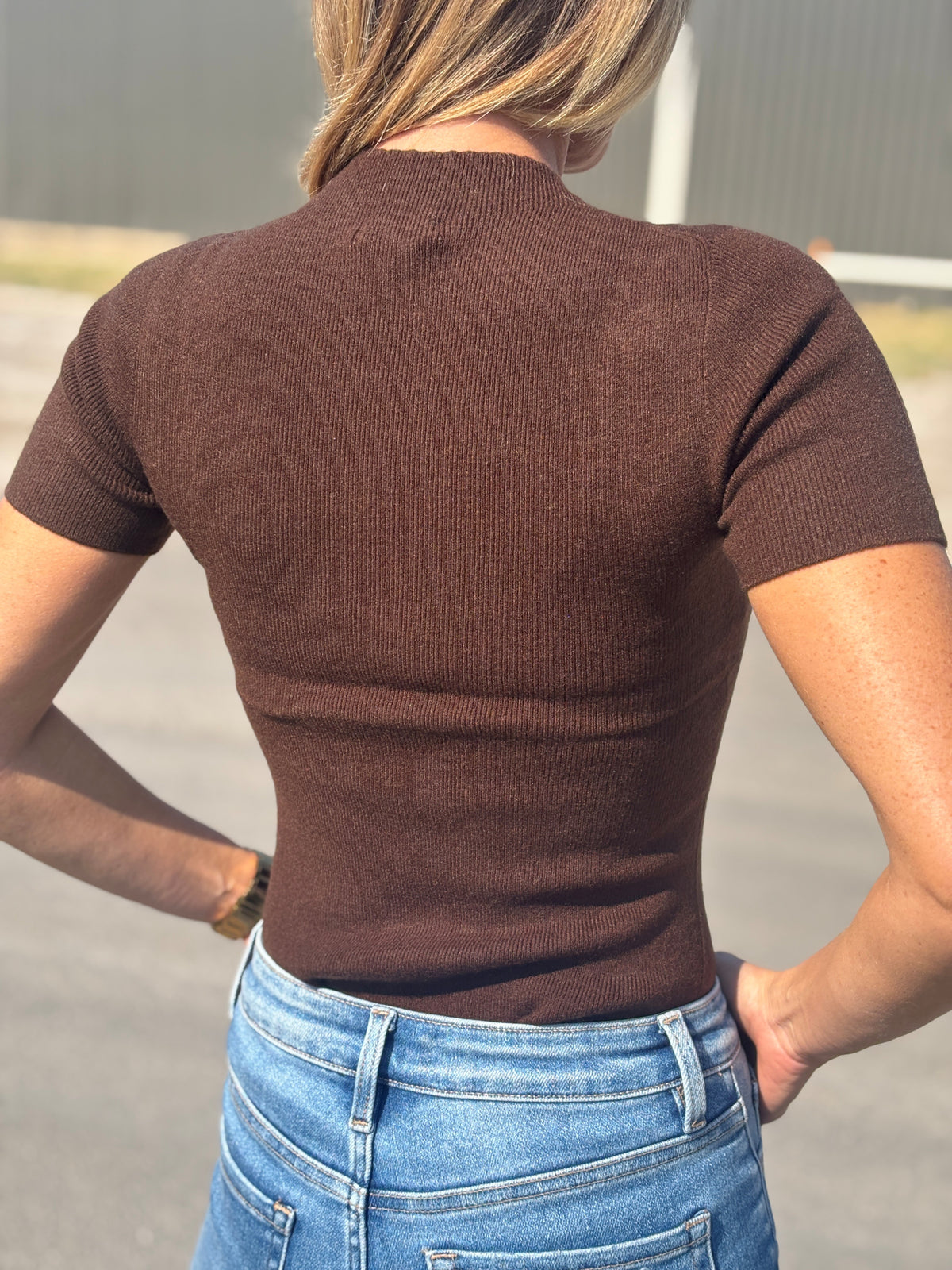 Short sleeve soft knit sweater top in chocolate by Skies Are Blue product image 2.