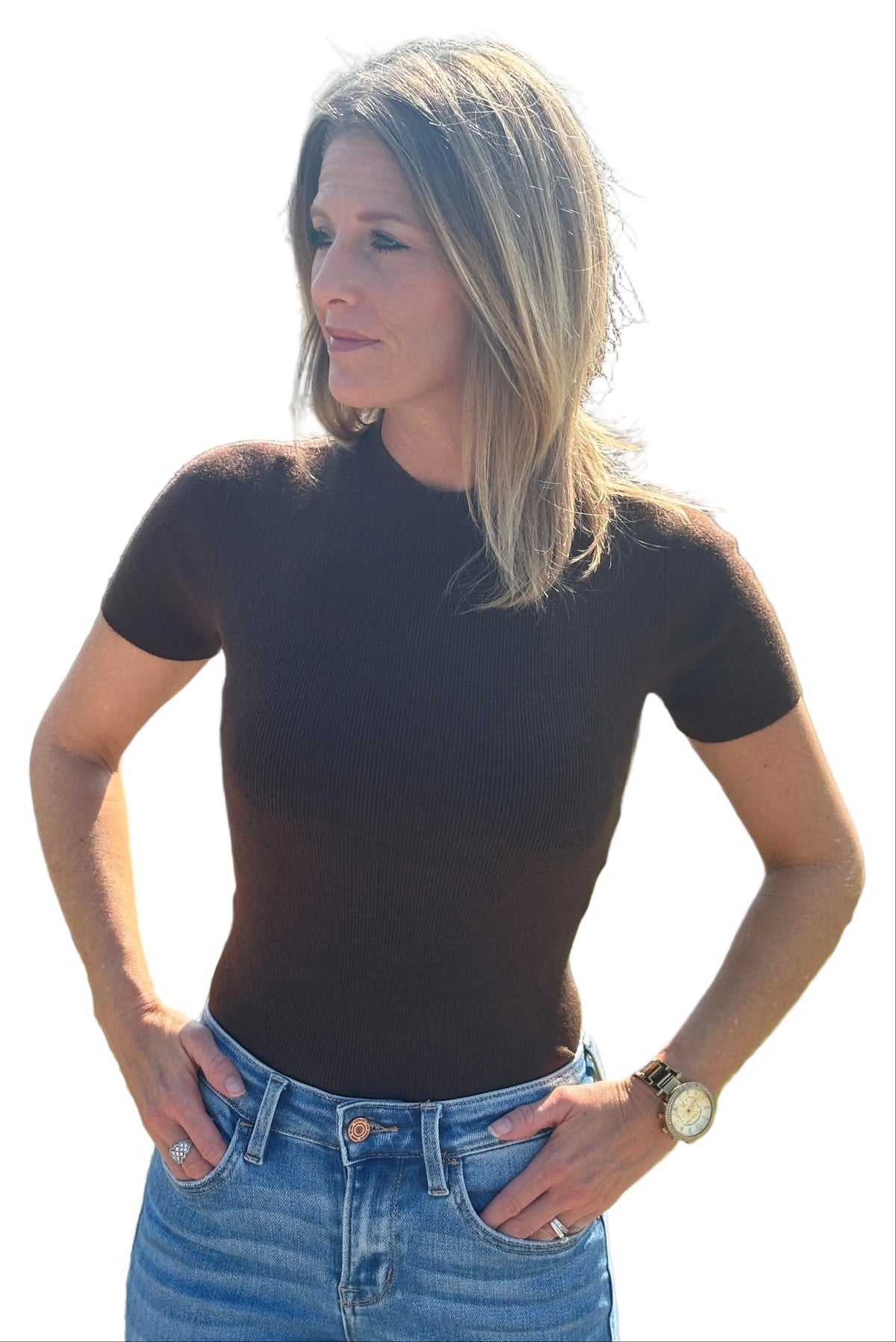 Short sleeve soft knit sweater top in chocolate by Skies Are Blue product image 4.