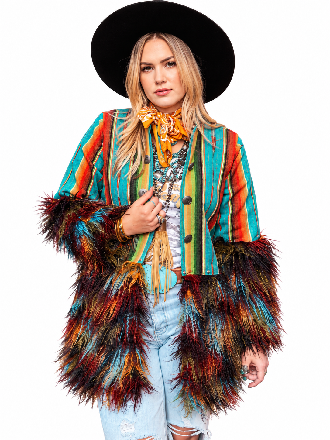 Silverado Apparel Tess Sundance Multi Llama Jacket featuring colorful Southwest stripes and dramatic shaggy sleeves with white background.