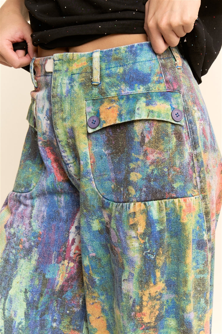 Tie Dyed Print Denim Wide-Leg Pants Lime Green Cobalt by Davi&Dani - Leopard Grove product image 01