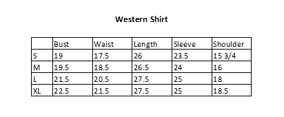 Western shirt size chart with bust, waist, length, sleeve and shoulder measurements for S through XL