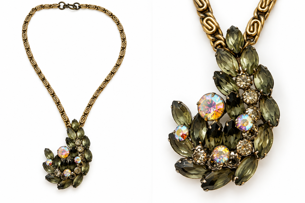 One-of-a-kind vintage gold-tone chain necklace with repurposed olive-green marquise rhinestone brooch.