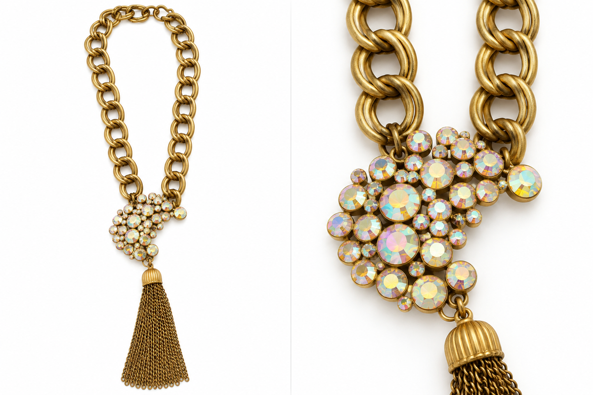 One-of-a-kind vintage gold-tone chain necklace with repurposed aurora rhinestone brooch ad tassel