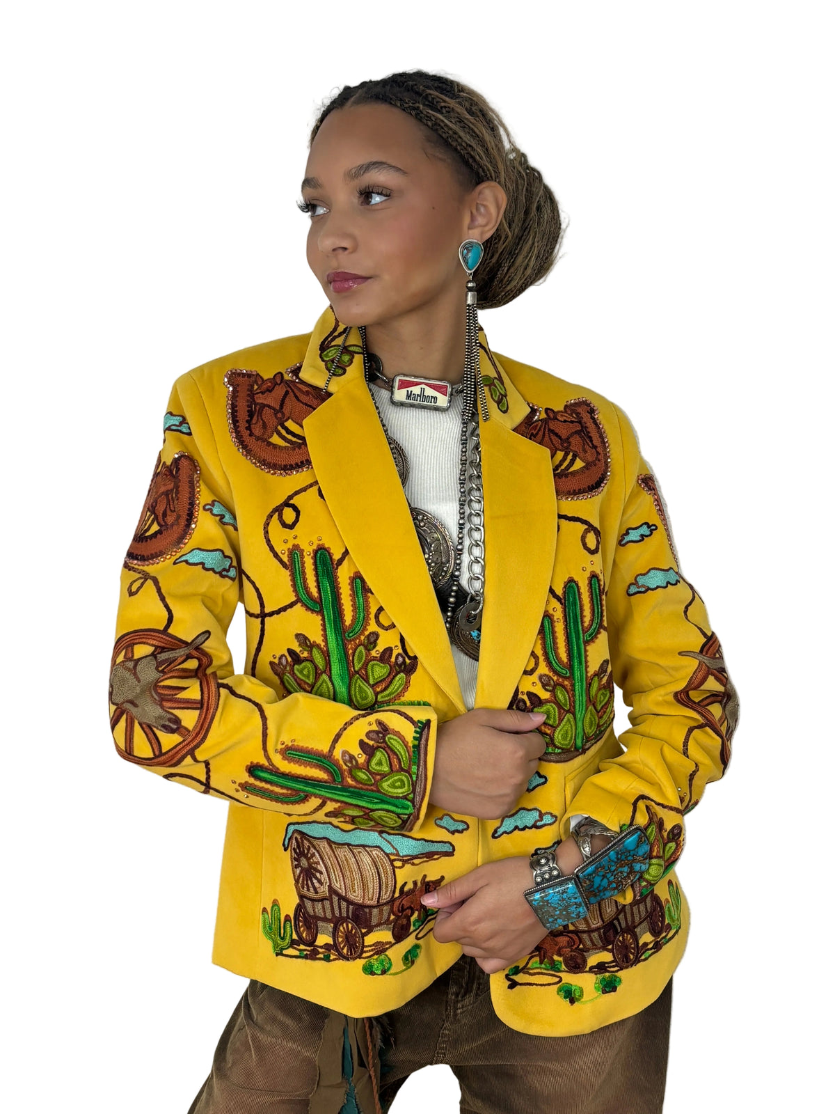 Western Embroidered Blazer with Rhinestones - Yellow by American Darling - western embroidered blazer product image 01
