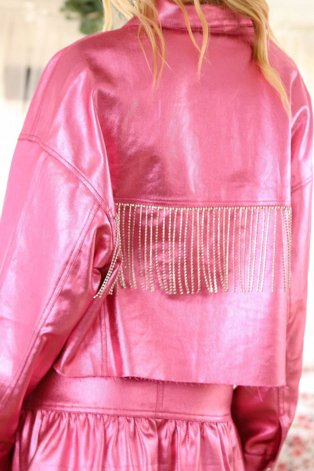 Metallic Pink Rhinestone Fringe Jacket by Peach Love