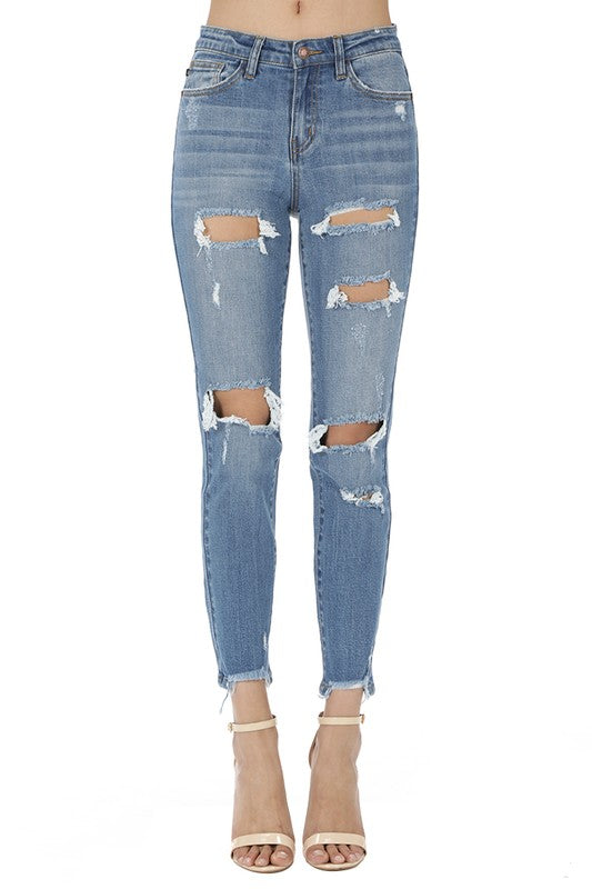 women girlfriend destroyed distressed ripped high waisted stretch denim jean 