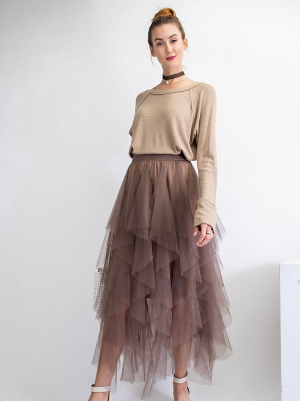Mesh Ballerina Maxi Skirt - Brown/Olive