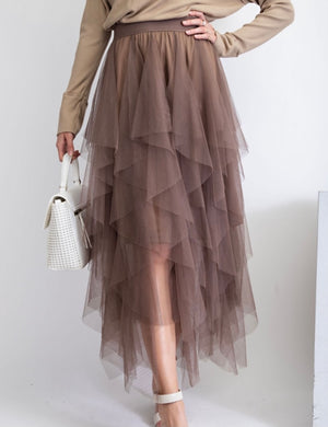 Mesh Ballerina Maxi Skirt - Brown/Olive