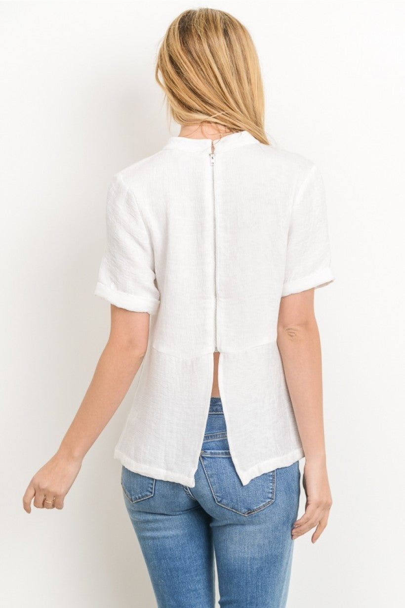 women White mock neck choker short sleeve zipper in the back blouse