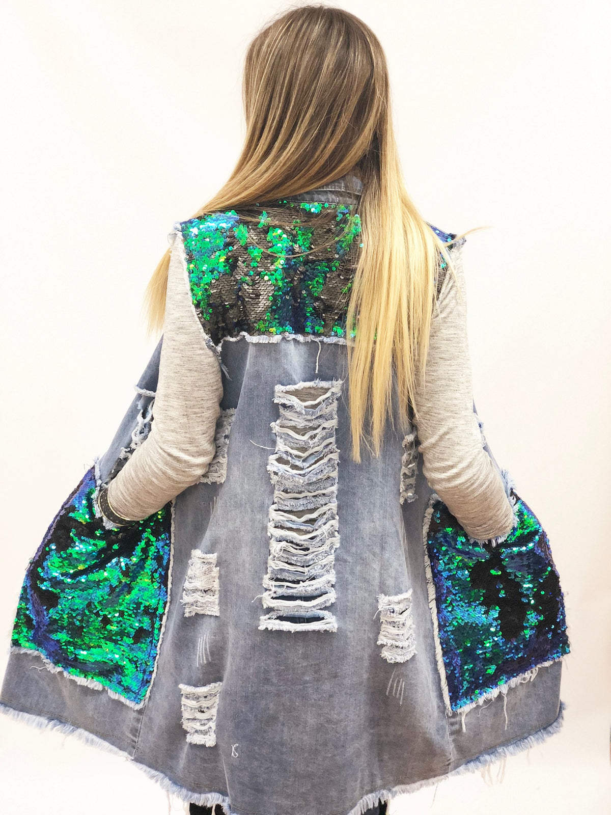 sequin destressed vest womens amazon street style mermaid long pockets plus size colorful ASOS  Roamans Cichic Missguided 