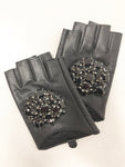 fingerless leather driving gloves black with rhinestone top
