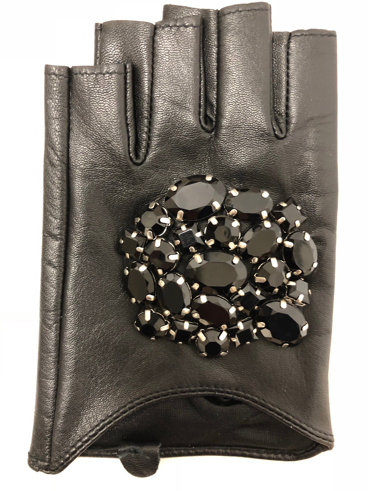 fingerless leather driving gloves black with rhinestone top