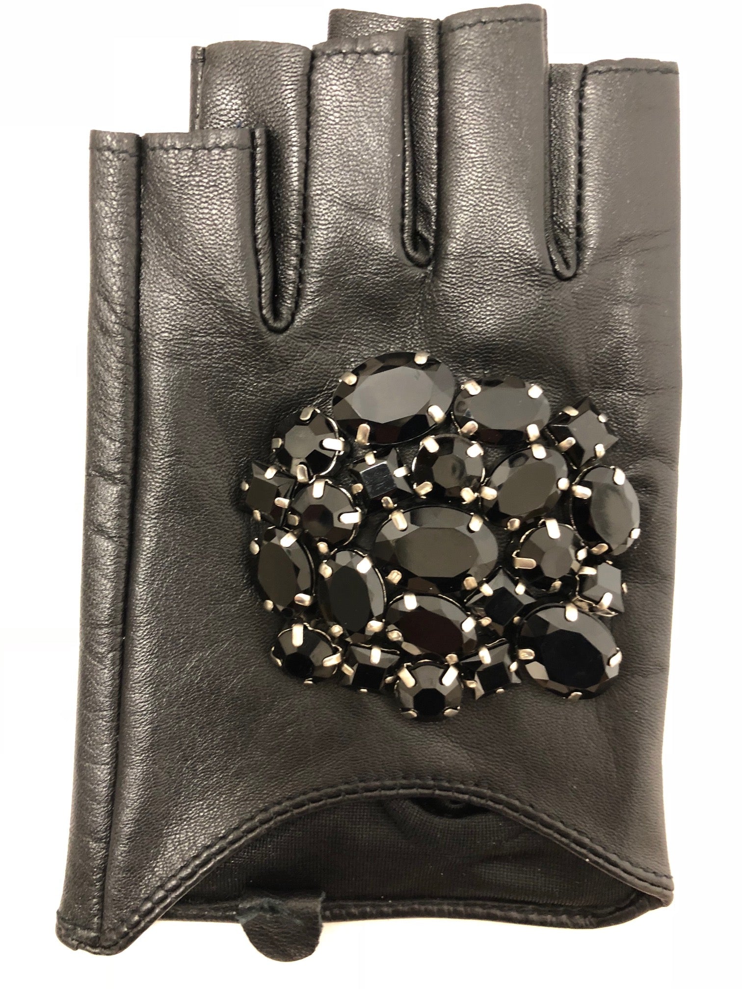 fingerless leather driving gloves black with rhinestone top