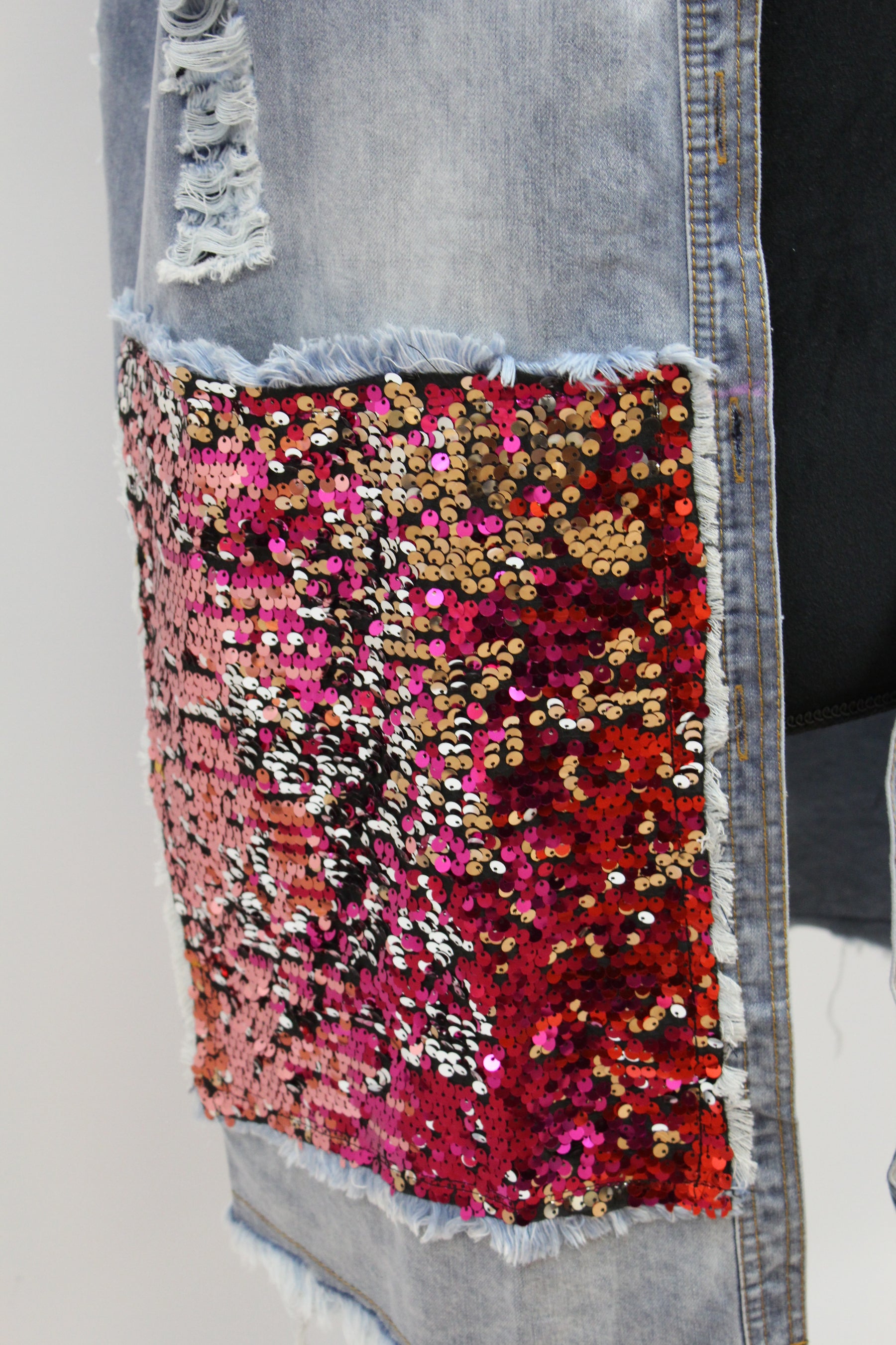 sequin destressed vest womens amazon street style mermaid long pockets plus size colorful ASOS  Roamans Cichic Missguided 