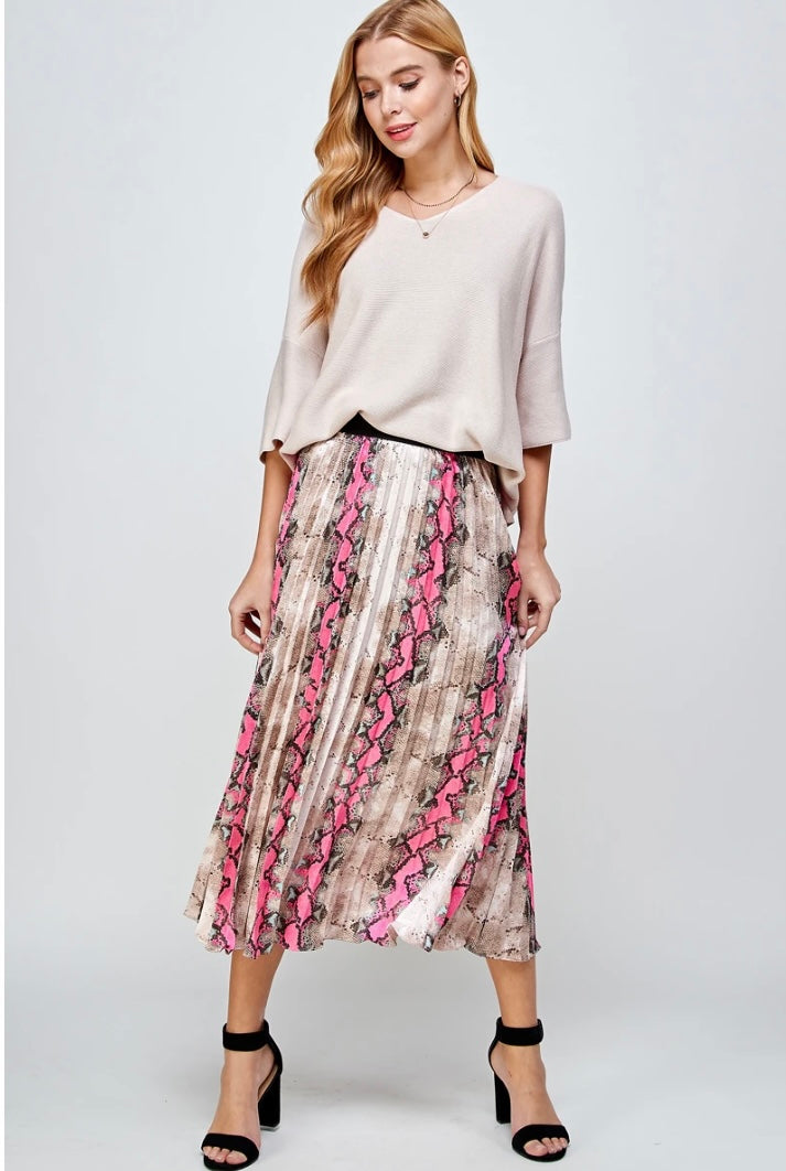 Animal Print Pleats Midi Skirt - Hot Pink