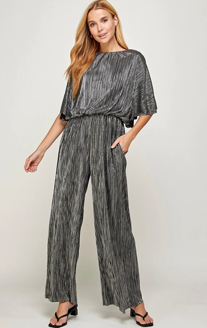 Metallic Pleats Jump Suit - Black and Silver