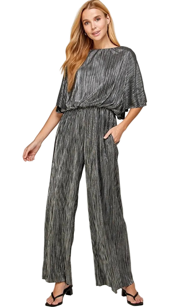 Metallic Pleats Jump Suit - Black and Silver by See and Be Seen