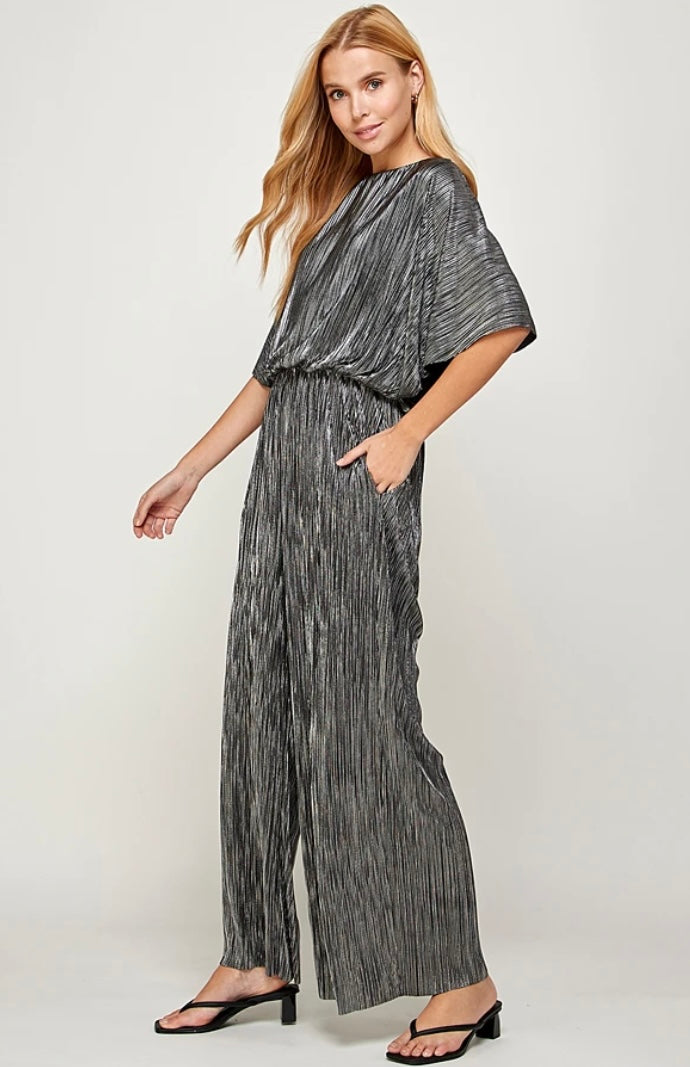 Metallic Pleats Jump Suit - Black and Silver by See and Be Seen