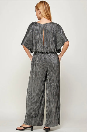 Metallic Pleats Jump Suit - Black and Silver