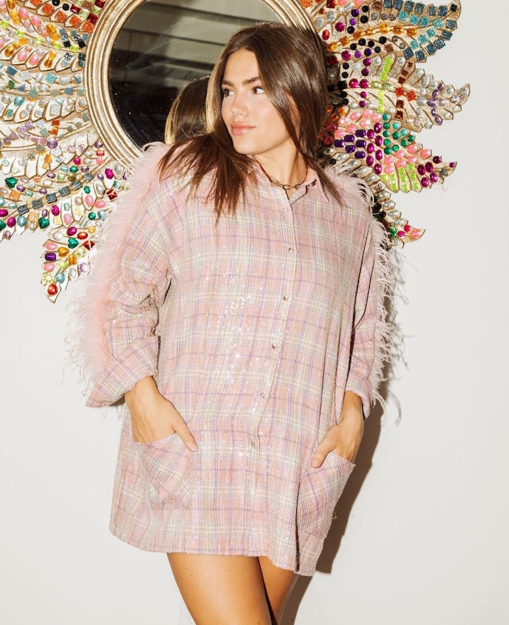 Queen of Sparkles Flannel Feather Dress