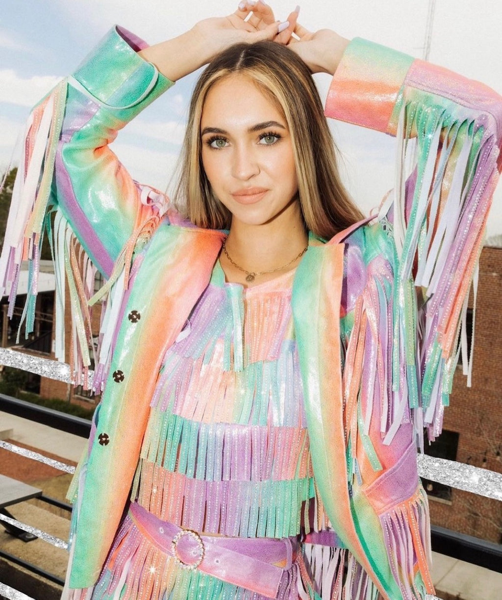 Queen of Sparkles Rainbow Leather Fringe Jacket