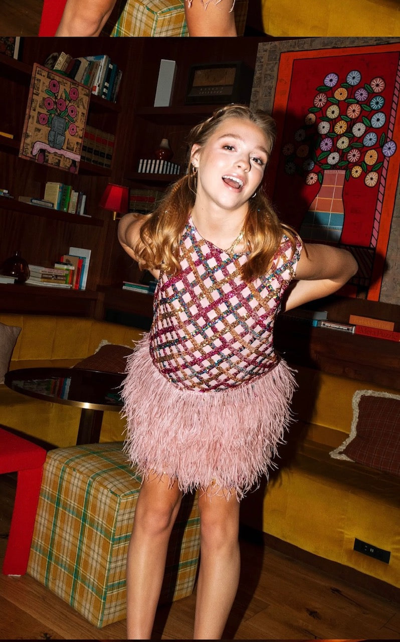 Queen of Sparkles Light Pink Diamond Feather Dress